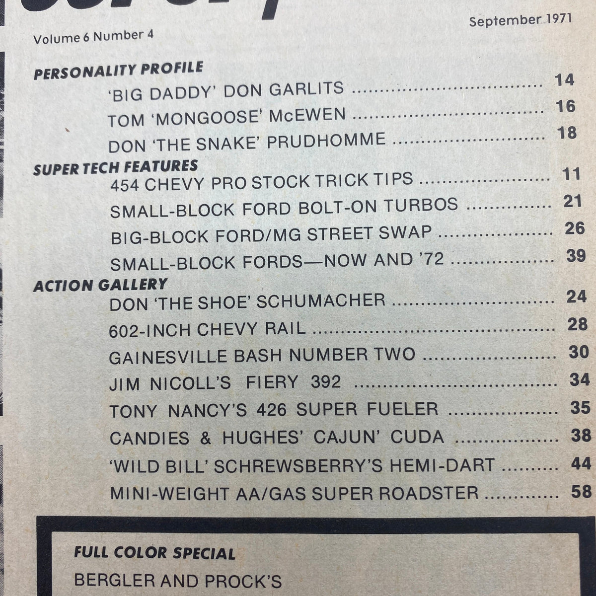 Table of contents from VTG Super Stock Magazine September 1971 featuring 'Big Daddy' Don Garlits and Don Prudhomme, highlighting articles on Pro Stock racing, drag racing legends, and featured technical tips.