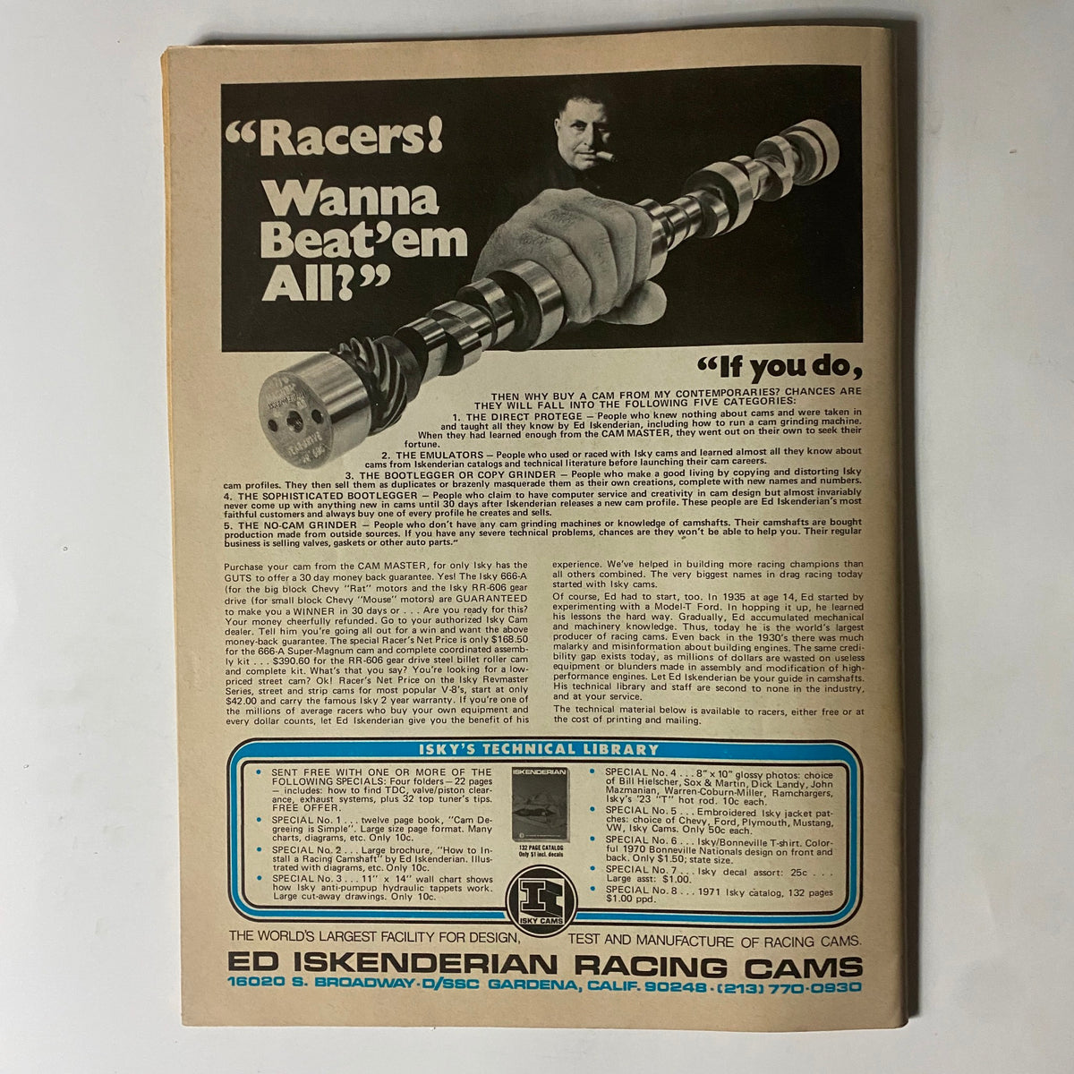Advertisement page from VTG Super Stock Magazine September 1971 promoting Ed Iskenderian Racing Cams, showcasing performance enhancing products for racers with a focus on technical expertise.