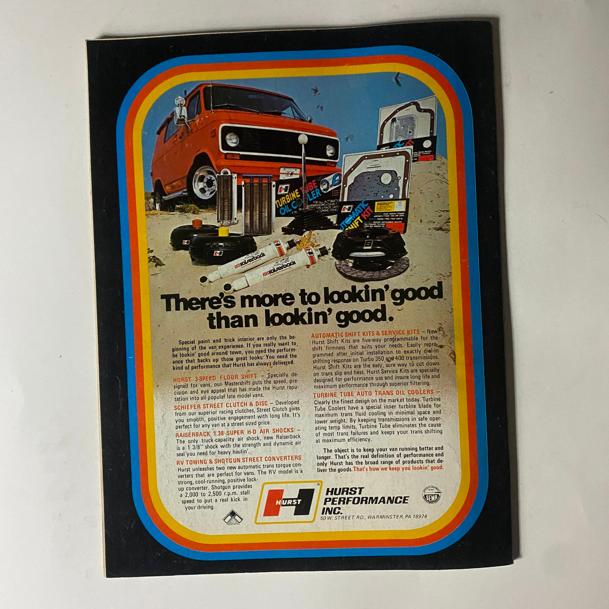 Advertising page from VTG Super Stock Magazine April 1977 featuring various Hurst Performance automotive products, including automatic shift kits and accessories, showcasing vintage drag racing culture.