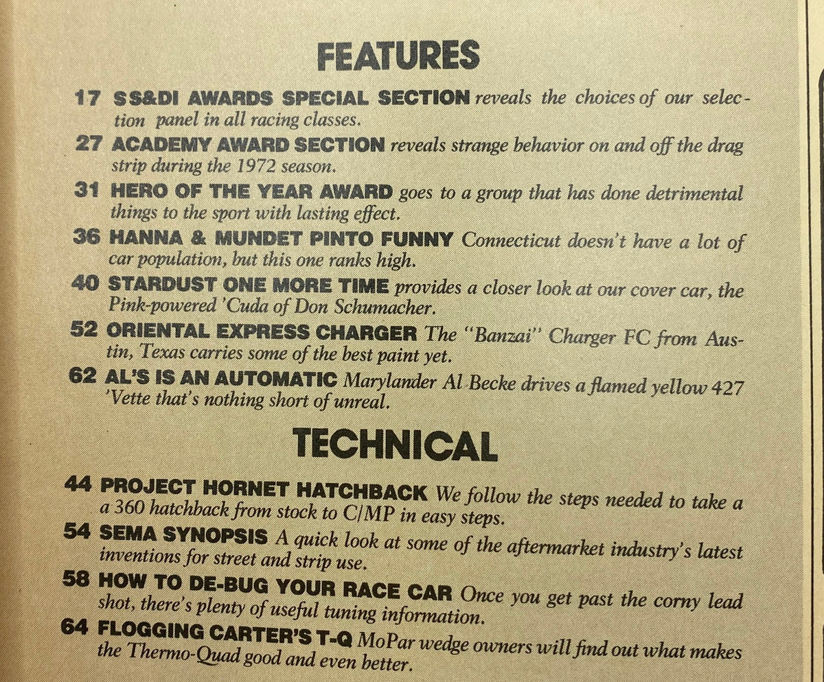 Features section from Super Stock & Drag Illustrated February 1973 showcasing highlights including S&DI Awards, Academy Award Section, and articles on drag racing technology.