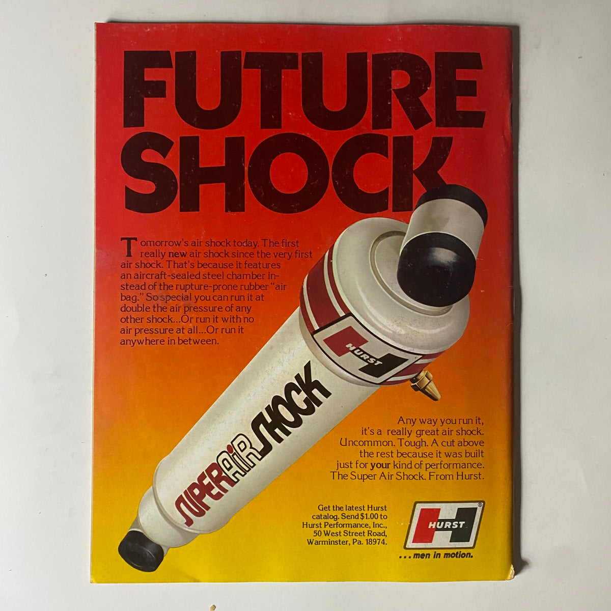 Future Shock advertisement from Super Stock & Drag Illustrated February 1973 featuring Hurst's innovative air shock technology for enhanced vehicle performance.