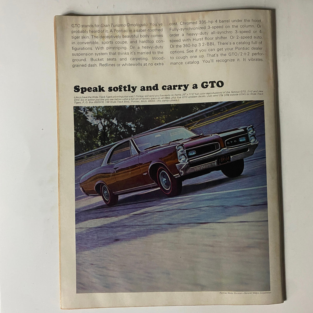 Advertising page from Super Stock & Drag Racing May 1966 magazine featuring a promotional image of a Pontiac GTO with detailed specifications, targeting car enthusiasts.