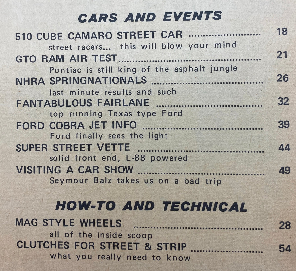 Inside page of Super Street Cars Magazine October 1968 listing cars and events, including 510 Cube Camaro Street Car and technical guides for street and strip racing.