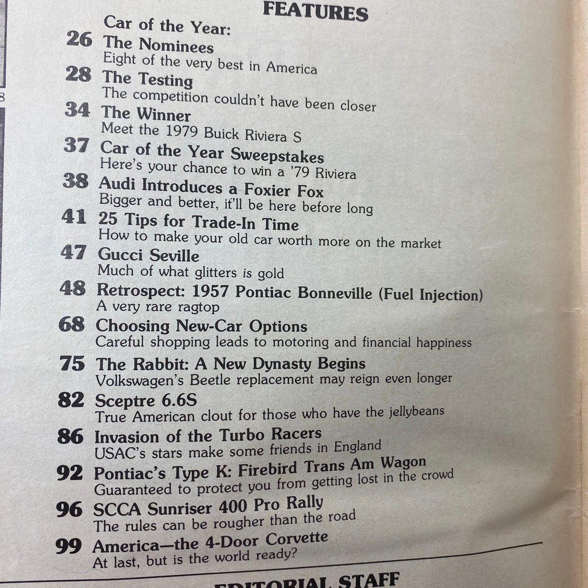 Contents page of VTG Motor Trend Magazine February 1979 listing features including 'Retrospect: 1957 Pontiac Bonneville' and articles about the 1979 Car of the Year nominees.