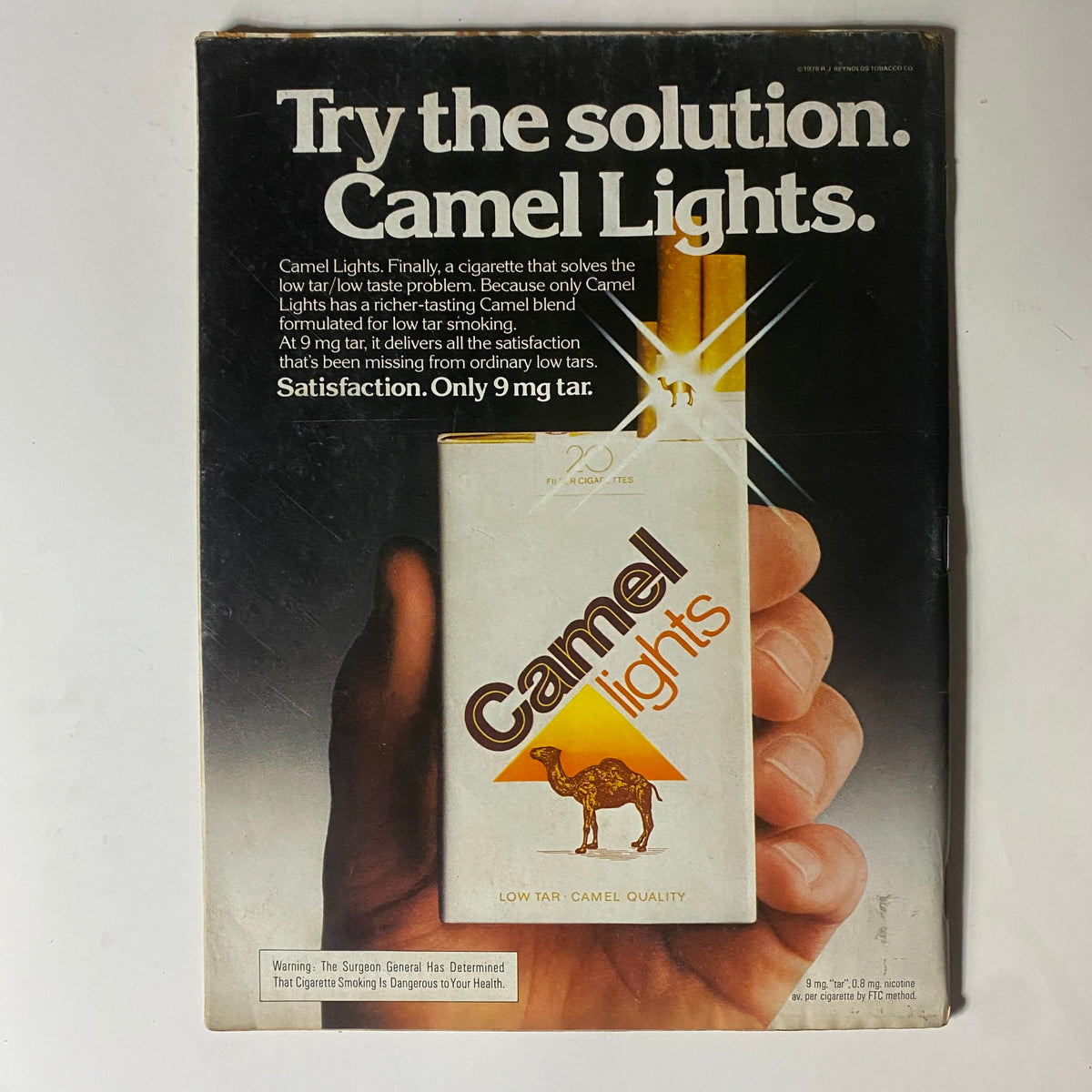 Back cover advertisement in VTG Motor Trend Magazine February 1979 promoting Camel Lights cigarettes with a sleek design stating 'Try the solution. Camel Lights.'