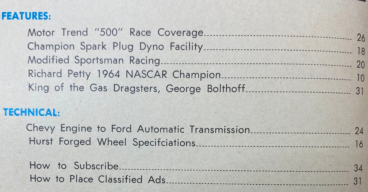 Contents page of VTG HotRod Parts Illustrated Magazine April 1965 detailing features on NASCAR and technical articles.