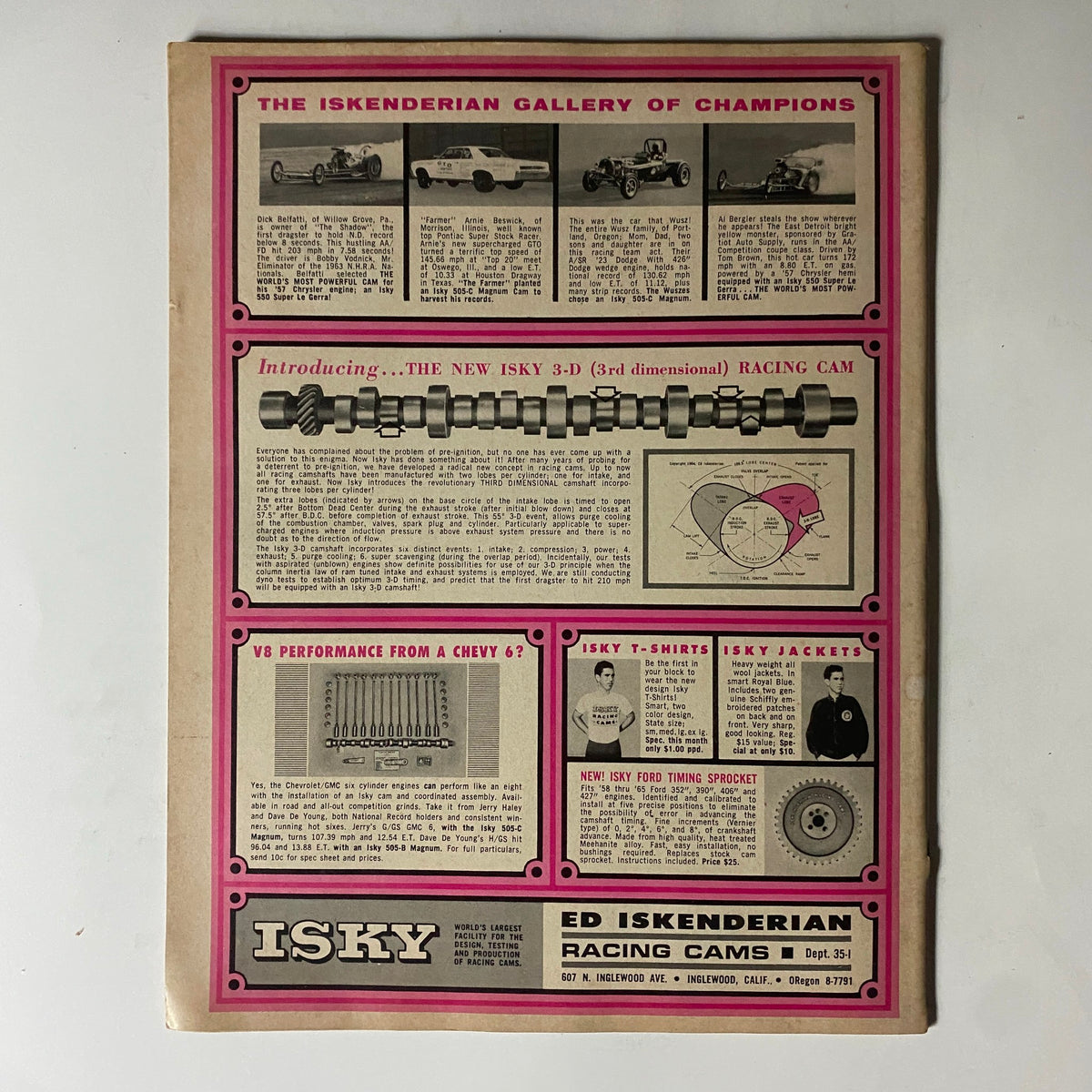 Ad page showcasing the Iskenderian Gallery of Champions and the new Isky 3-D Racing Cam in the VTG HotRod Parts Illustrated Magazine March 1965.