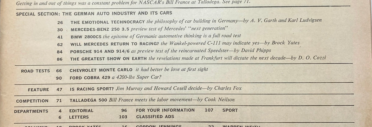 Inside page of VTG Car and Driver Magazine December 1969, detailing special section on the German auto industry and revealing road tests for Chevrolet Monte Carlo and Ford Cobra 429.