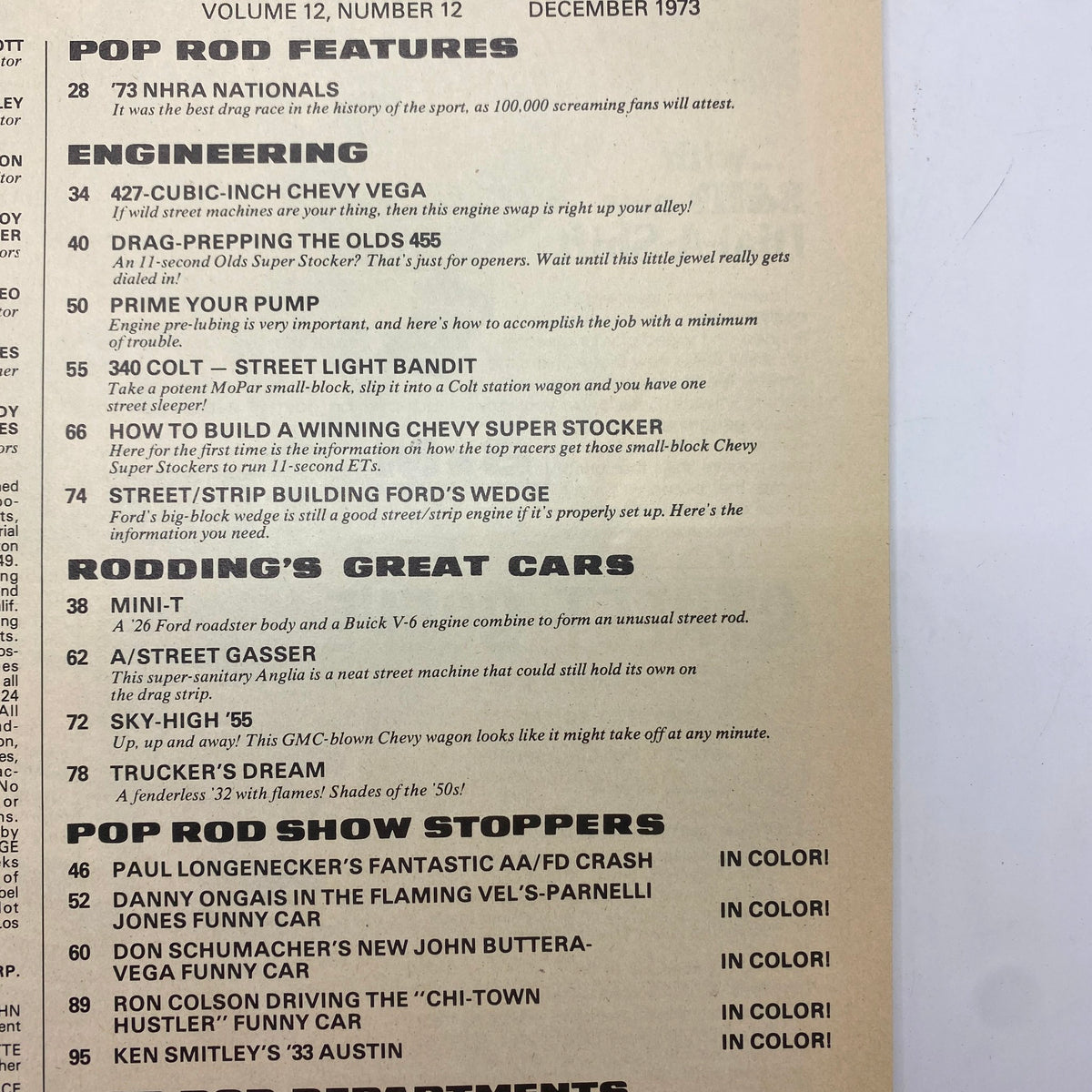 Popular Hot Rodding Magazine December 1973 Drag-Prepping Olds 455 No Label VG