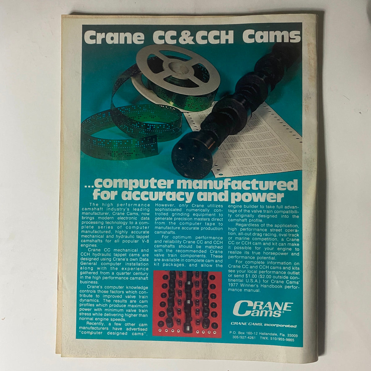 Vintage advertisement for Crane CC and CCH Cams from the March 1977 issue of Popular Hot Rodding Magazine, showcasing high-performance camshafts and highlighting computer-manufactured accuracy and power for V8 engines.