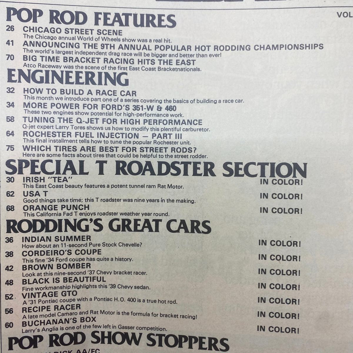 Table of contents from Popular Hot Rodding Magazine, April 1977, highlighting features like Chicago Street Scene, Tuning the Q-Jet, and the Special T Roadster Section.
