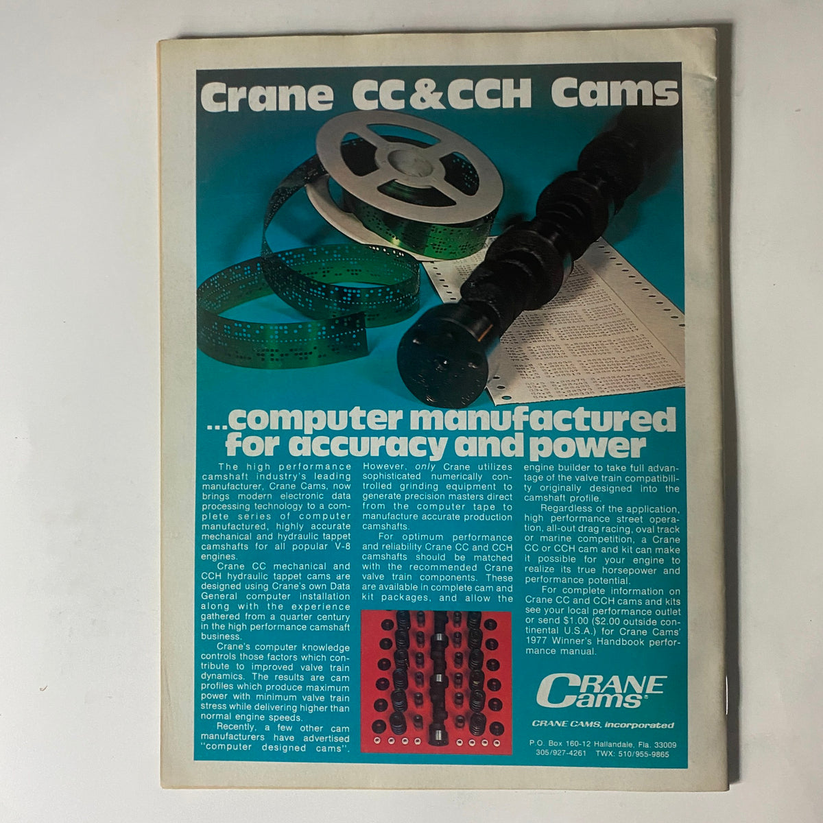Advertisement page from Popular Hot Rodding Magazine, April 1977, showcasing Crane CC and CCH Cams with a focus on computer-manufactured camshafts for performance accuracy.
