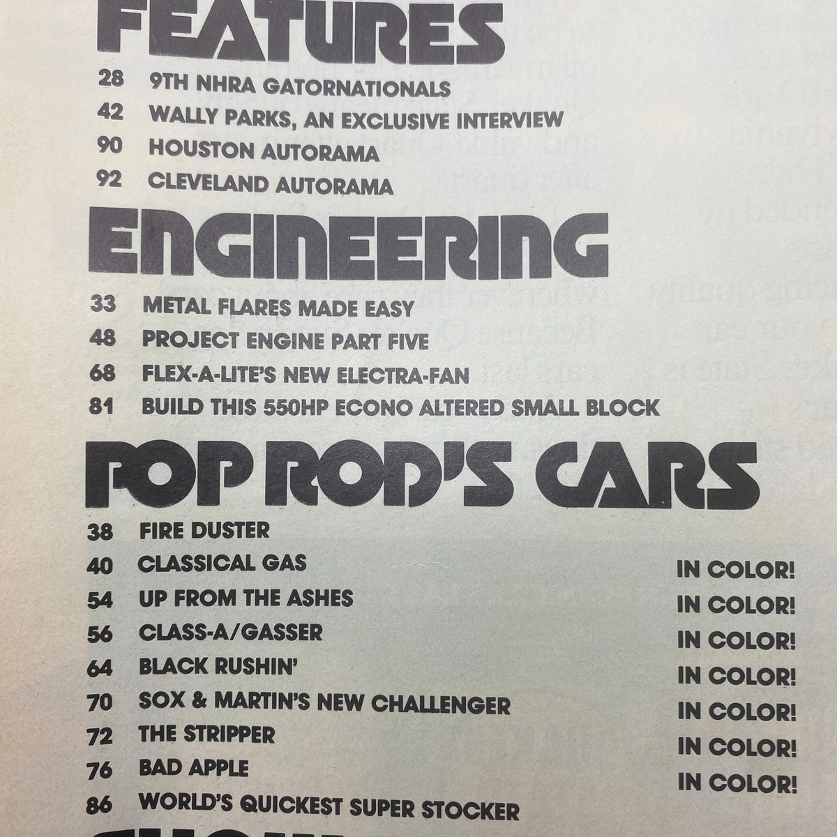 Table of contents from Popular Hot Rodding Magazine June 1978 showcasing featured articles and engineering insights, highlighting Wally Parks' interview and various car projects.