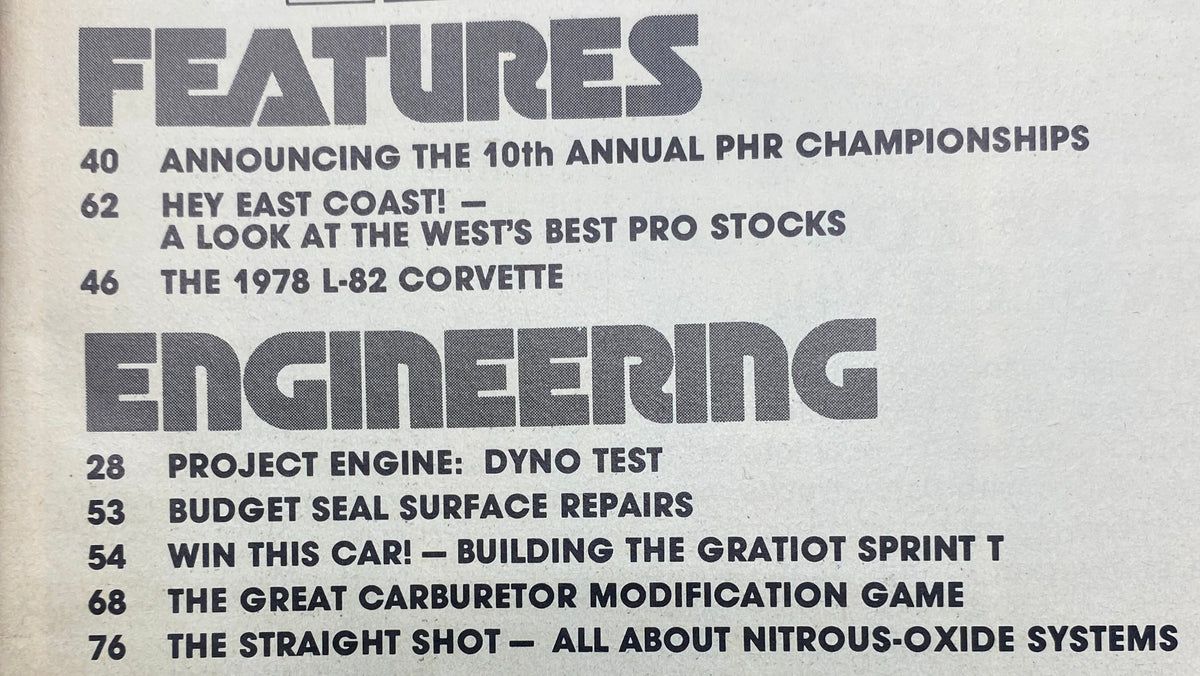 Table of contents from Popular Hot Rodding Magazine July 1978, featuring articles on automotive features and engineering, including nitrous oxide systems.