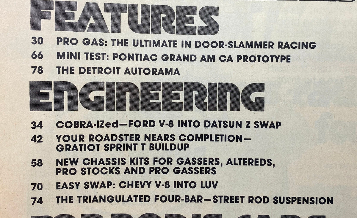 Table of contents from Popular Hot Rodding Magazine August 1978, highlighting features on Pro Gas racing, Pontiac Grand Am testing, and engineering insights.