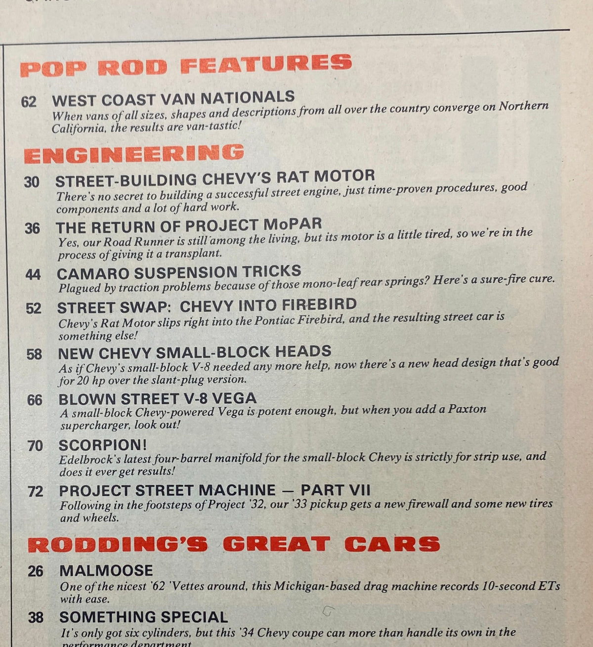 Inside page of Popular Hot Rodding Magazine January 1974 detailing POP ROD Features including articles on street-building Chevy's Rat Motor and New Chevy Small-Block Heads.