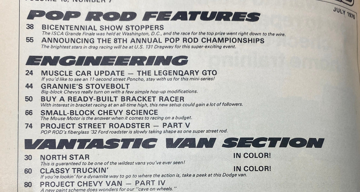 Table of contents from Popular Hot Rodding Magazine July 1976 showcasing features such as 'Bicentennial Show Stoppers' and 'Vantastic Van Section'.