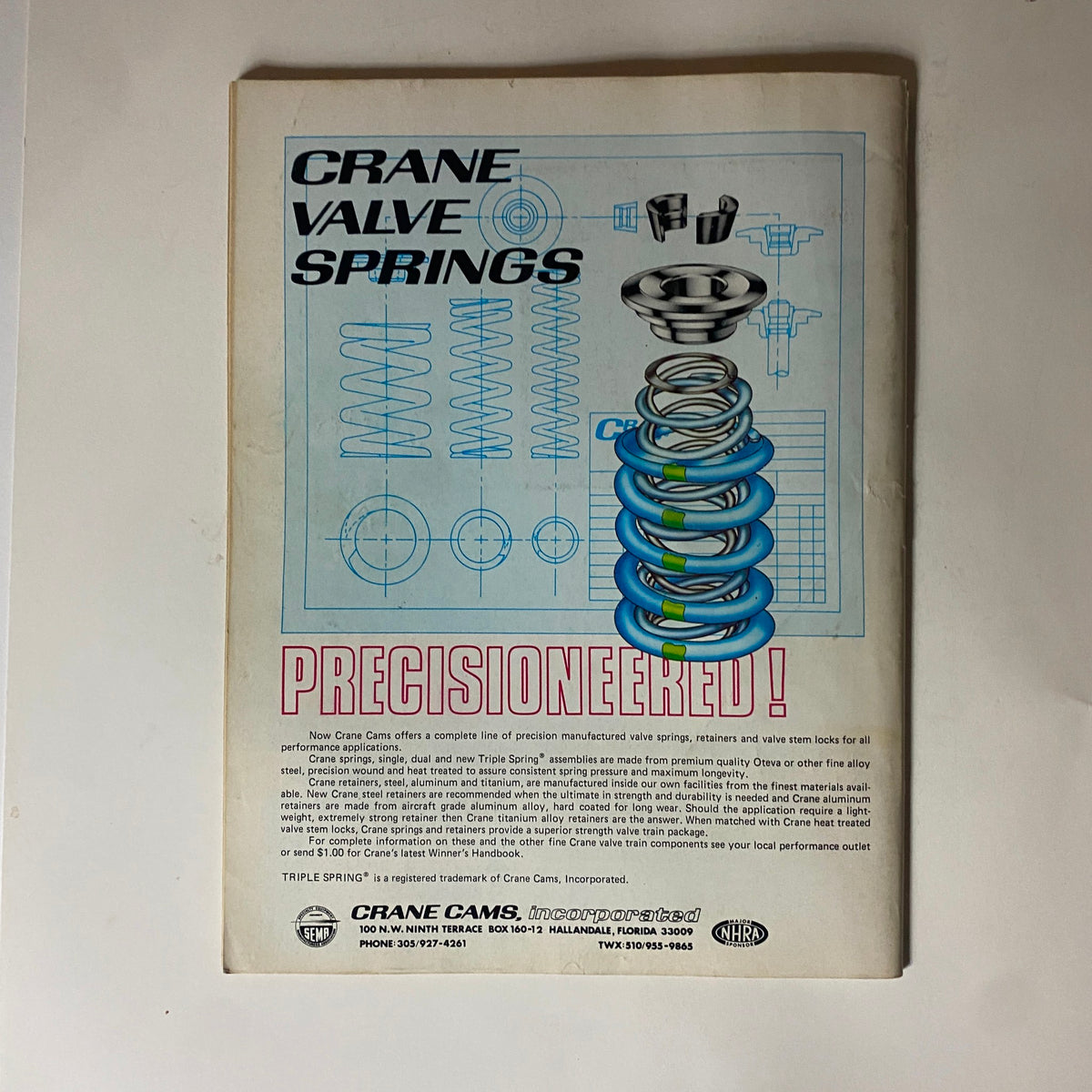 Back cover of Popular Hot Rodding Magazine July 1976 featuring an advertisement for Crane Valve Springs, emphasizing precision engineering.