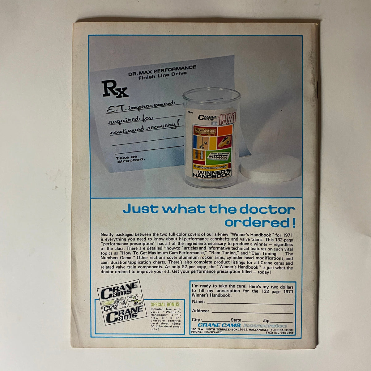 Back cover of Popular Hot Rodding Magazine September 1971 showcasing an advertisement for Crane Cams, promoting high-performance automotive products.