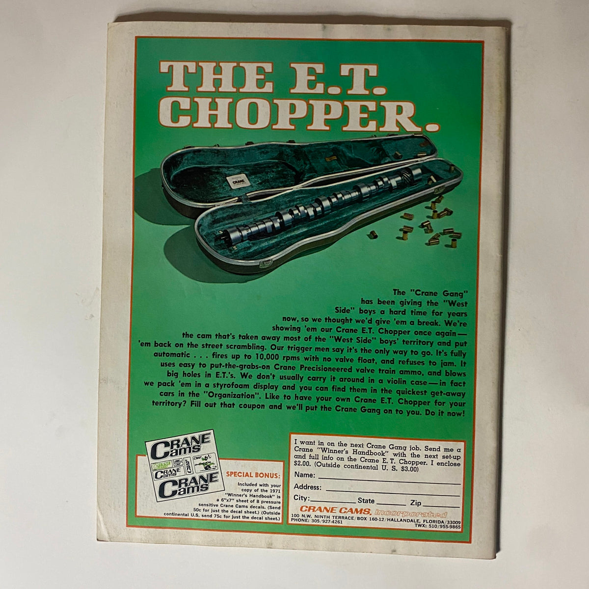 Back cover of Popular Hot Rodding Magazine December 1971 advertising the E.T. Chopper camshaft from Crane Cams.