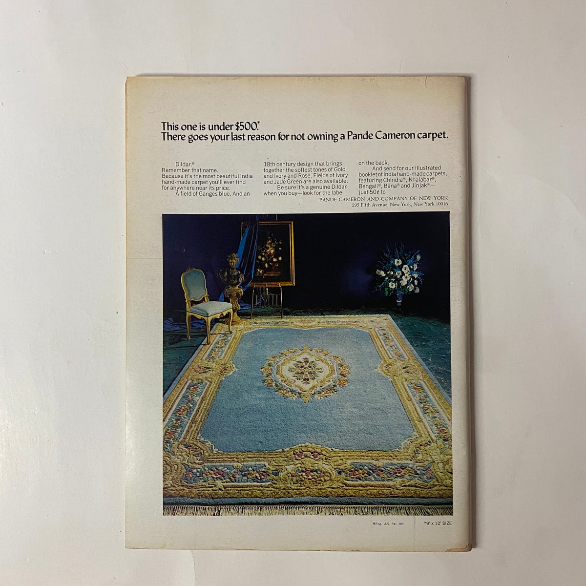 Back cover of The New Yorker magazine from September 25, 1971, featuring an advertisement for a Panke Cameron carpet, highlighting decorative elements and affordability.