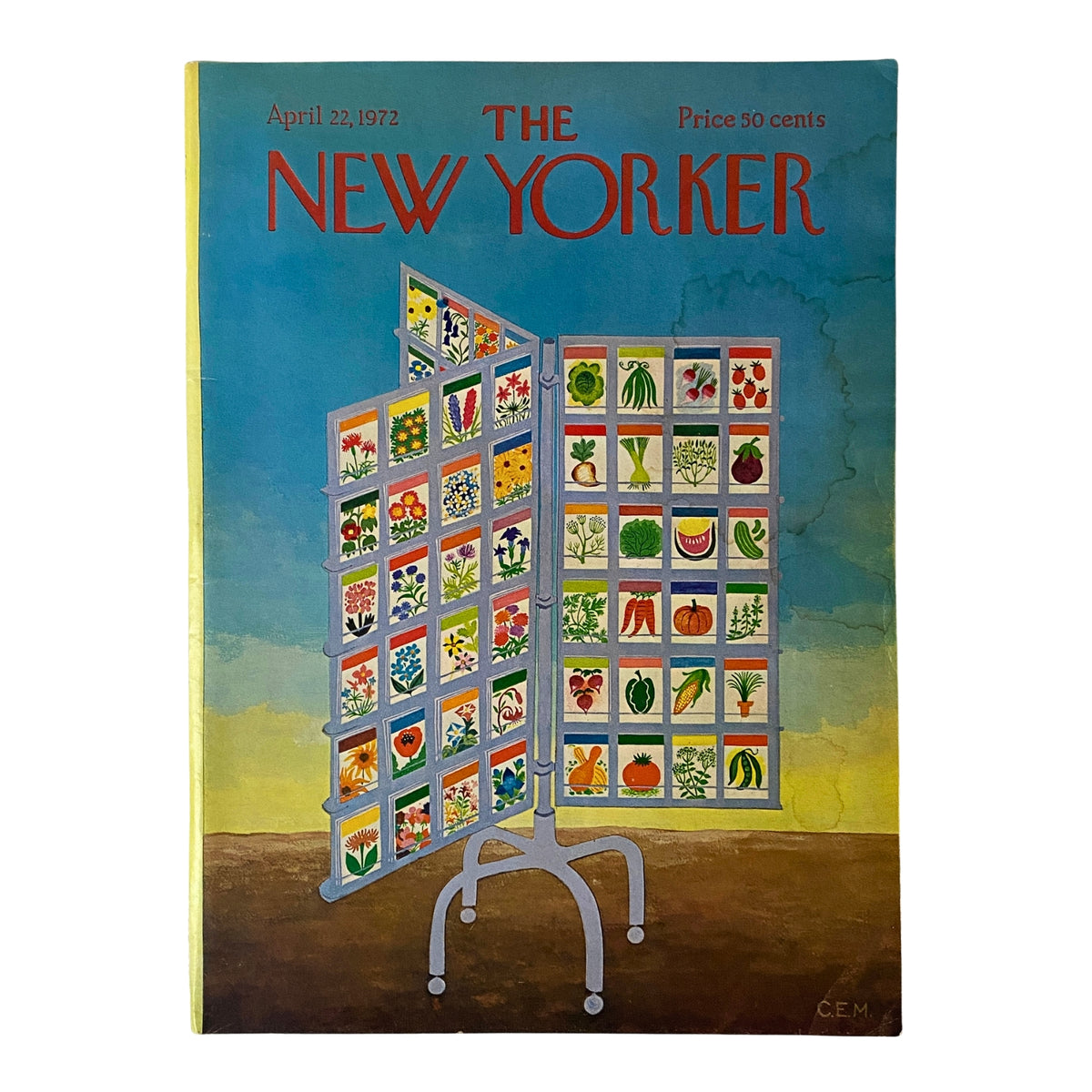 The New Yorker Full Magazine April 22, 1972 Charles E. Martin Cover featuring a colorful illustration of a display rack with various vegetables and fruits, iconic of the minimalist art style from the 1970s.