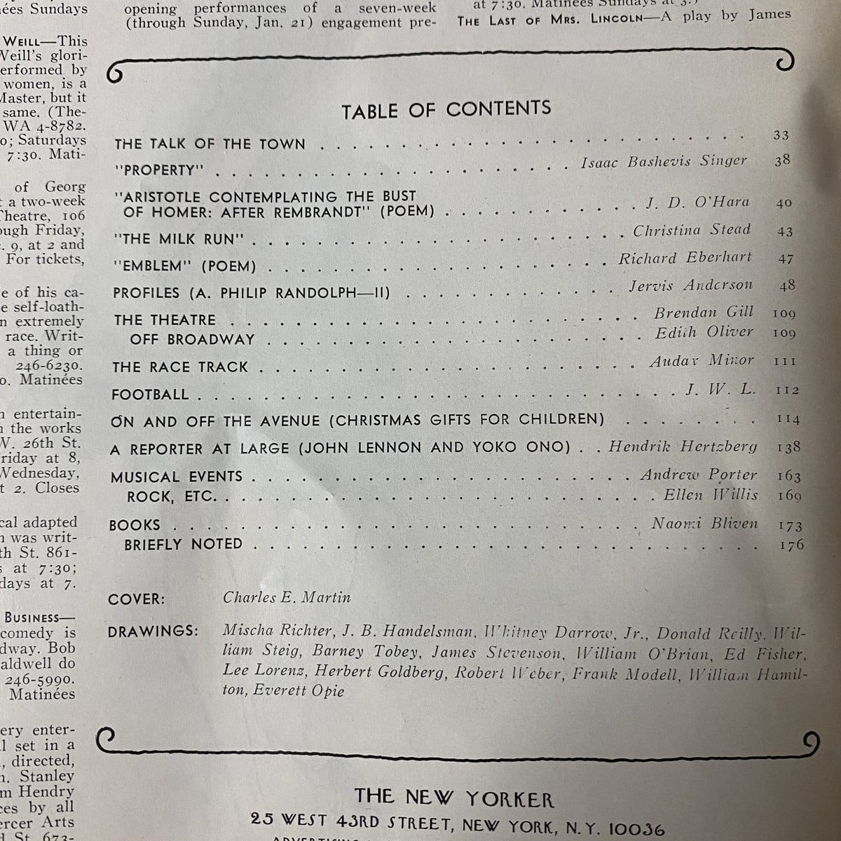 Table of contents from The New Yorker Full Magazine December 9, 1972, listing featured articles, poems, and contributions by notable writers including Isaac Bashevis Singer.