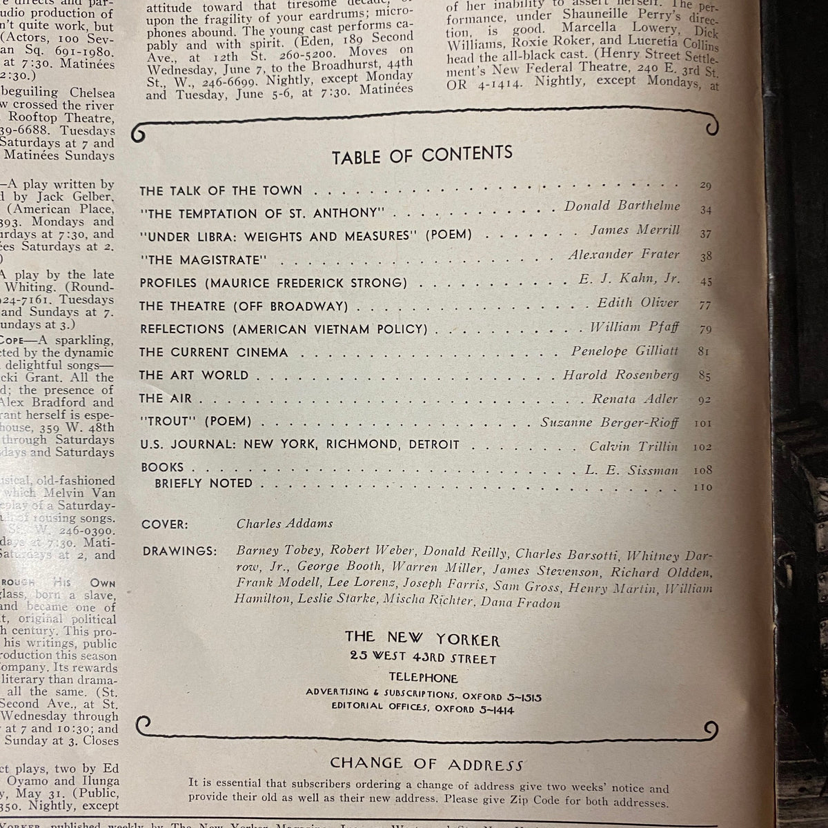 The New Yorker Full Magazine June 3, 1972 Table of Contents showcasing key articles and contributors, including Donald Barthelme and E. J. Kahn, Jr.