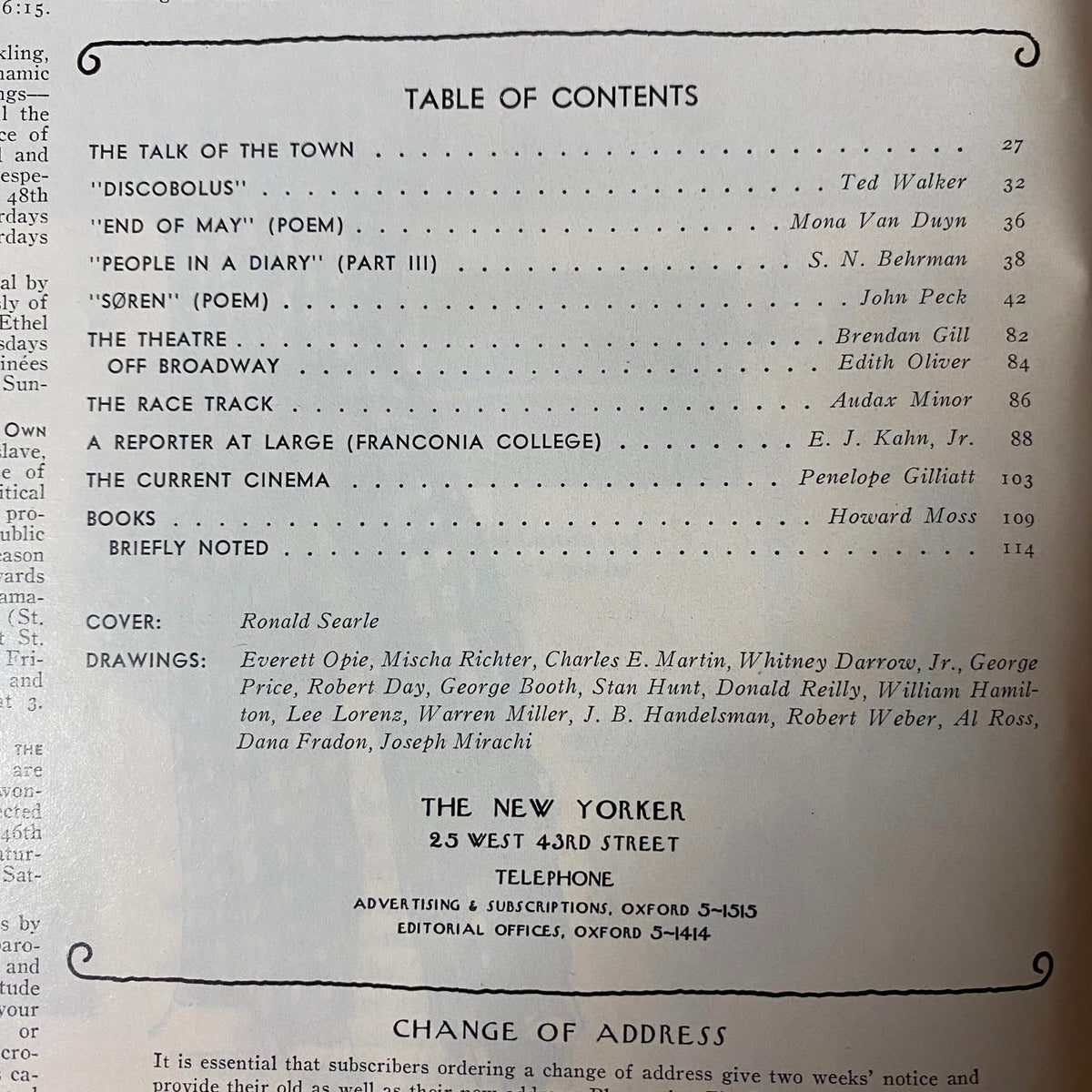 Table of Contents from The New Yorker Full Magazine May 27, 1972, detailing articles and illustrations including contributions from S. N. Behrman, E. J. Kahn, Jr., and Penelope Gilliatt.