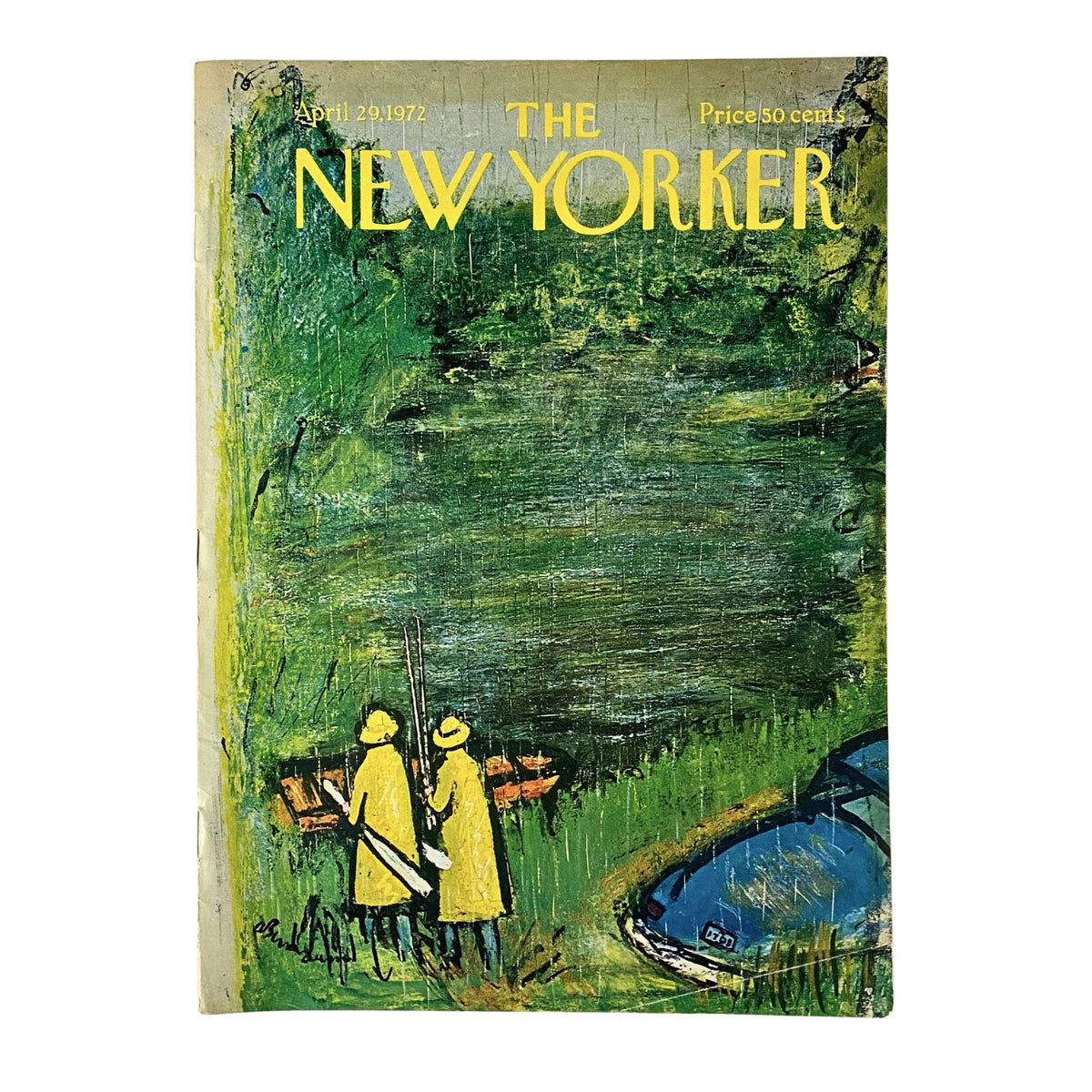 The New Yorker Full Magazine April 29, 1972 Abe Birnbaum Cover featuring a vibrant, whimsical painting of two figures by a pond, encapsulating the humor and rhythm of city life.