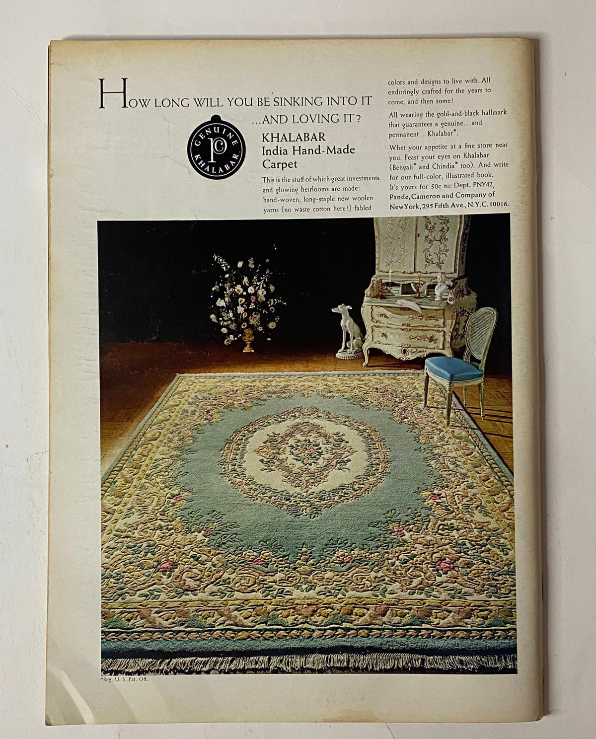 Advertisement page from The New Yorker Full Magazine April 29, 1972 Abe Birnbaum Cover, showcasing a Khalabar India handmade carpet set in an elegant room.