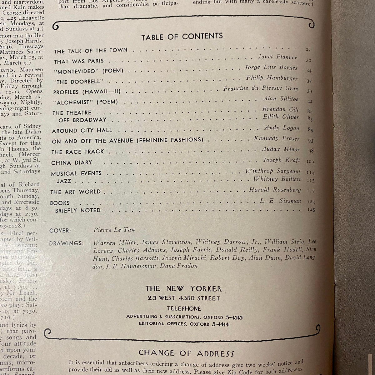 Table of contents page from The New Yorker Full Magazine March 11, 1972, listing featured articles including works by Jorge Luis Borges and Janet Flanner.