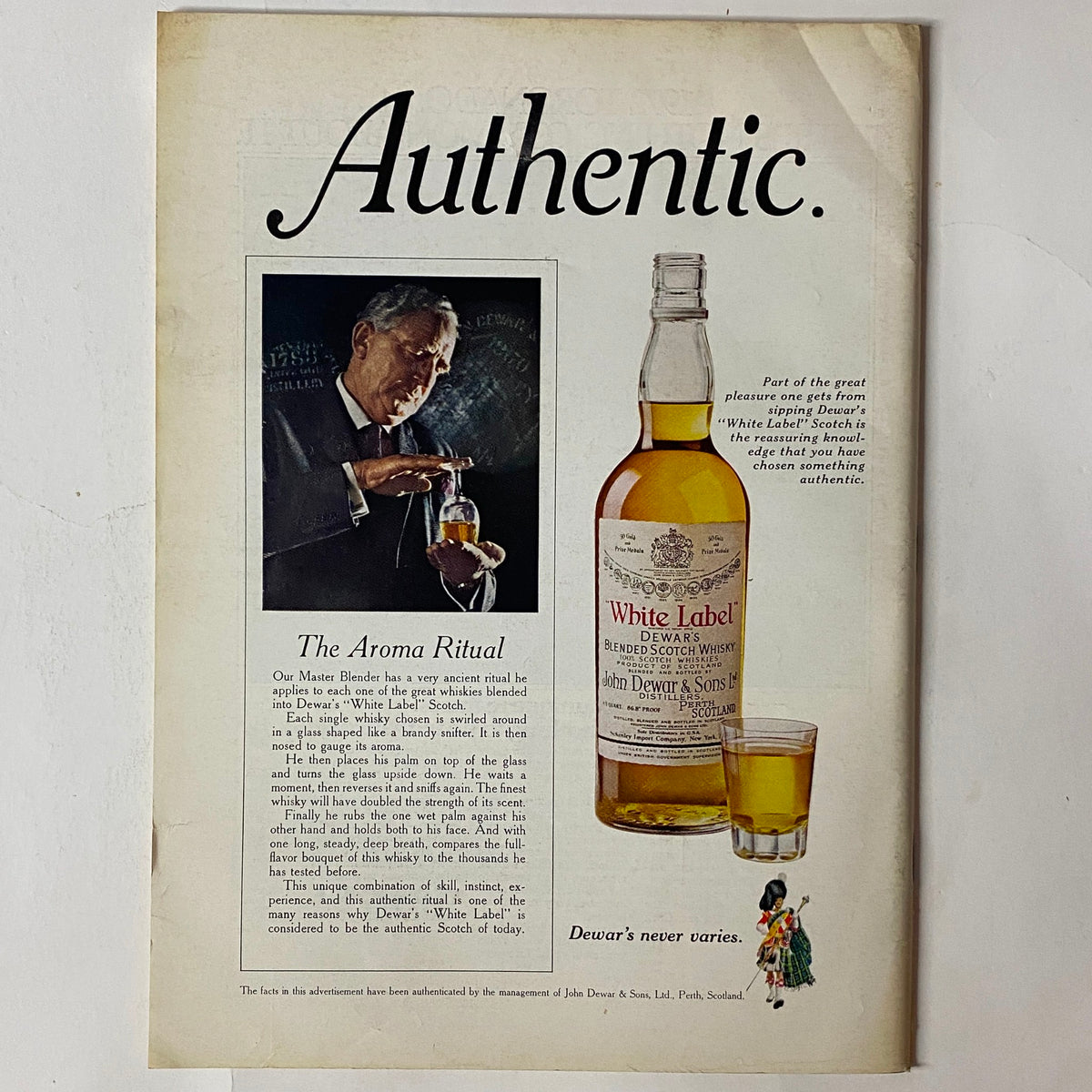 Back cover of The New Yorker Full Magazine March 11, 1972, showcasing an advertisement for Dewar's White Label Scotch with a glass and bottle.