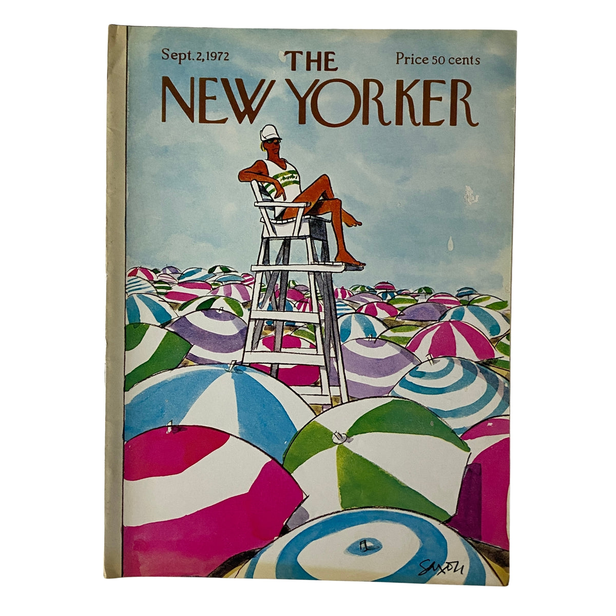 Cover of The New Yorker magazine from September 2, 1972 featuring a humorous illustration by Charles Saxon, depicting a lifeguard on a tall chair overlooking colorful beach umbrellas.