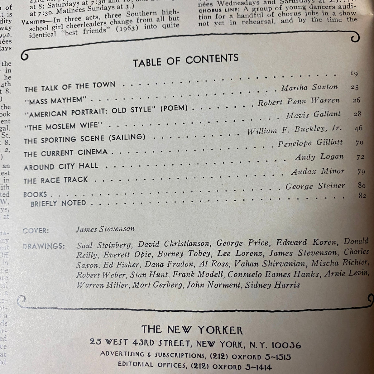 Table of contents from The New Yorker Full Magazine August 23, 1976 featuring articles by Martha Saxton, Mavis Gallant, and William F. Buckley, Jr. Includes cover illustration by James Stevenson.