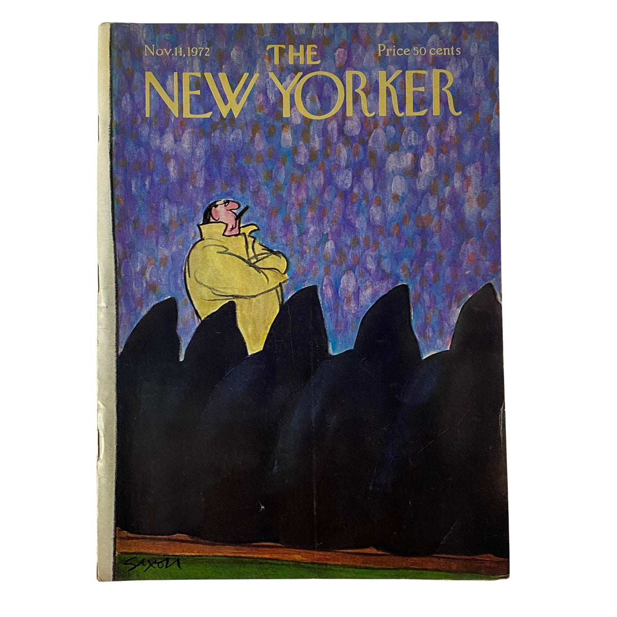 Cover of The New Yorker Full Magazine November 11, 1972 featuring a Charles Saxon illustration with a whimsical figure and colorful background.