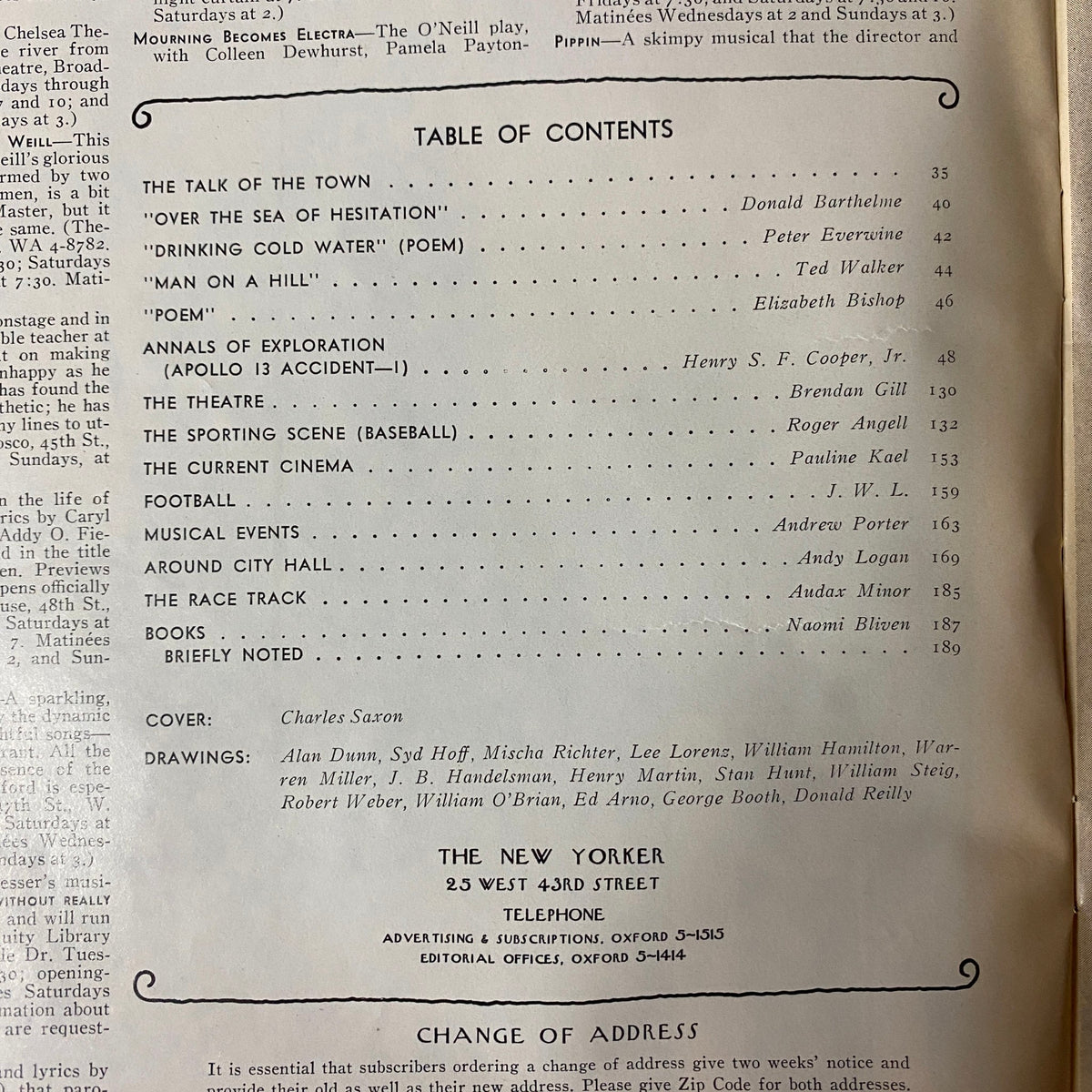 Table of contents page from The New Yorker Full Magazine November 11, 1972, detailing featured articles and contributors including Donald Barthelme and Pauline Kael.