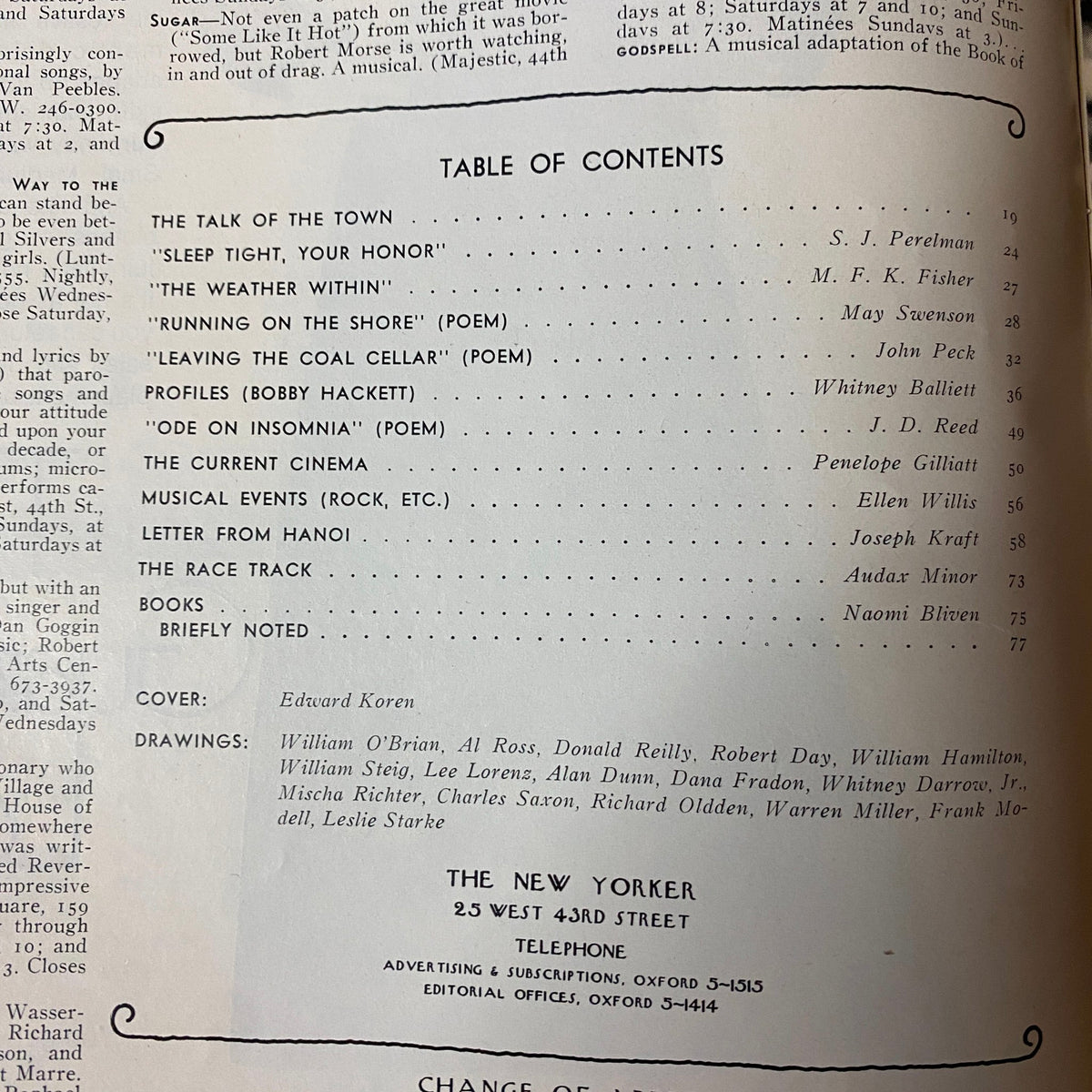 Table of contents from The New Yorker Full Magazine August 12, 1972, detailing contributions from various authors including S. J. Perelman and May Swenson, along with the cover artist Edward Koren.