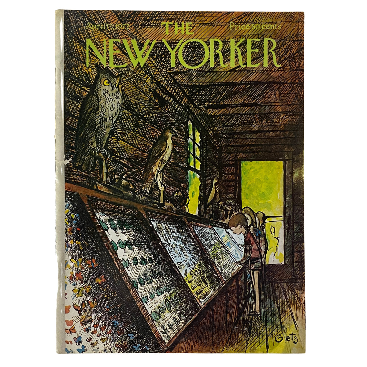 Cover of The New Yorker magazine dated April 15, 1972 featuring an illustration by Arthur Getz, depicting a boy observing a display of birds in a natural setting.