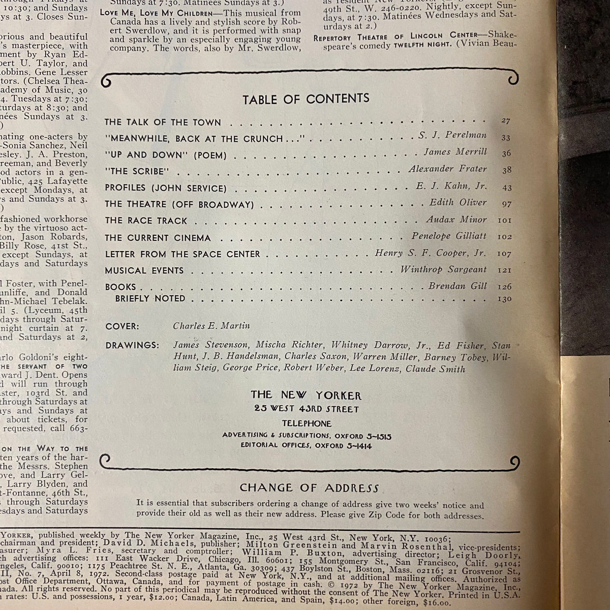 Table of contents from The New Yorker Full Magazine April 8, 1972, outlining featured articles and contributors including S. J. Perelman and E. J. Kahn, Jr.