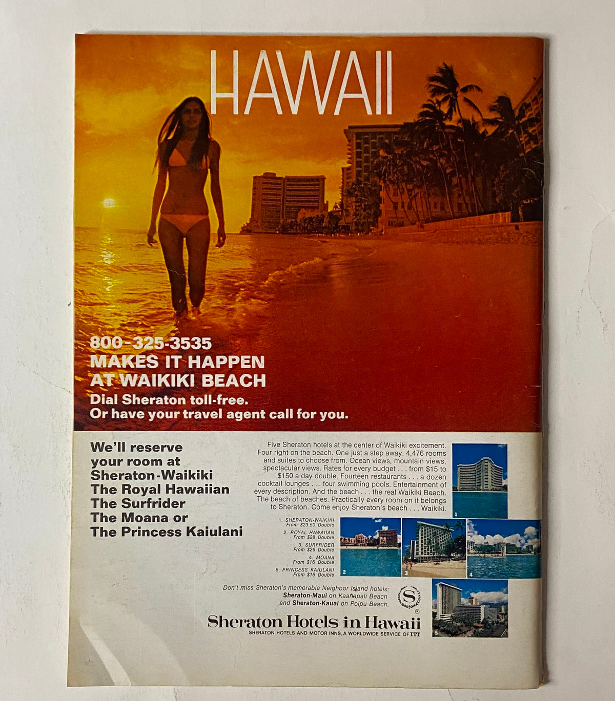 Vintage advertisement for Sheraton Hotels in Hawaii featured in a 1972 magazine, promoting luxury accommodations at Waikiki Beach.