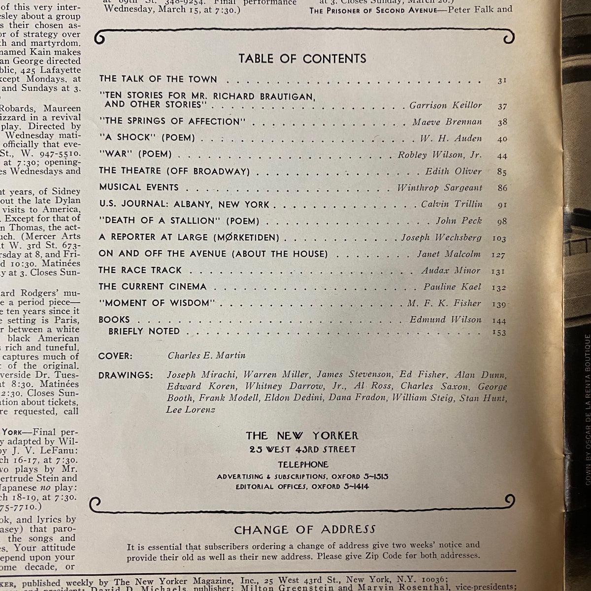 Table of Contents from The New Yorker Full Magazine March 18, 1972 listing featured stories and poems including works by Garrison Keillor, Maeve Brennan, and W. H. Auden, showcasing the literary diversity of the issue.