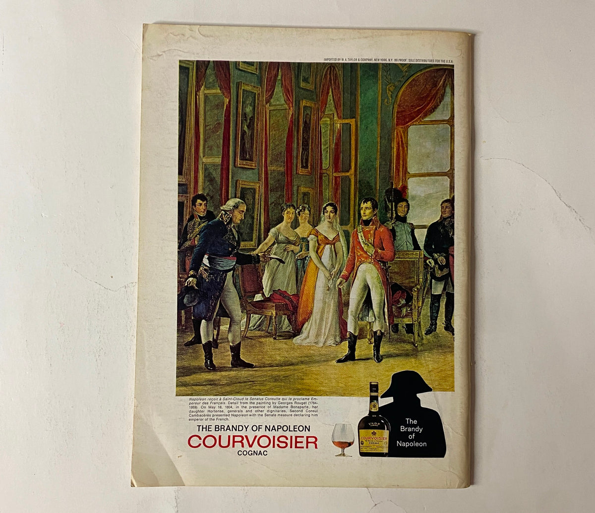 Advertisement for Courvoisier Cognac on the back cover of The New Yorker Full Magazine March 18, 1972, depicting a historical scene featuring Napoleon and guests, highlighting vintage advertising of the era.