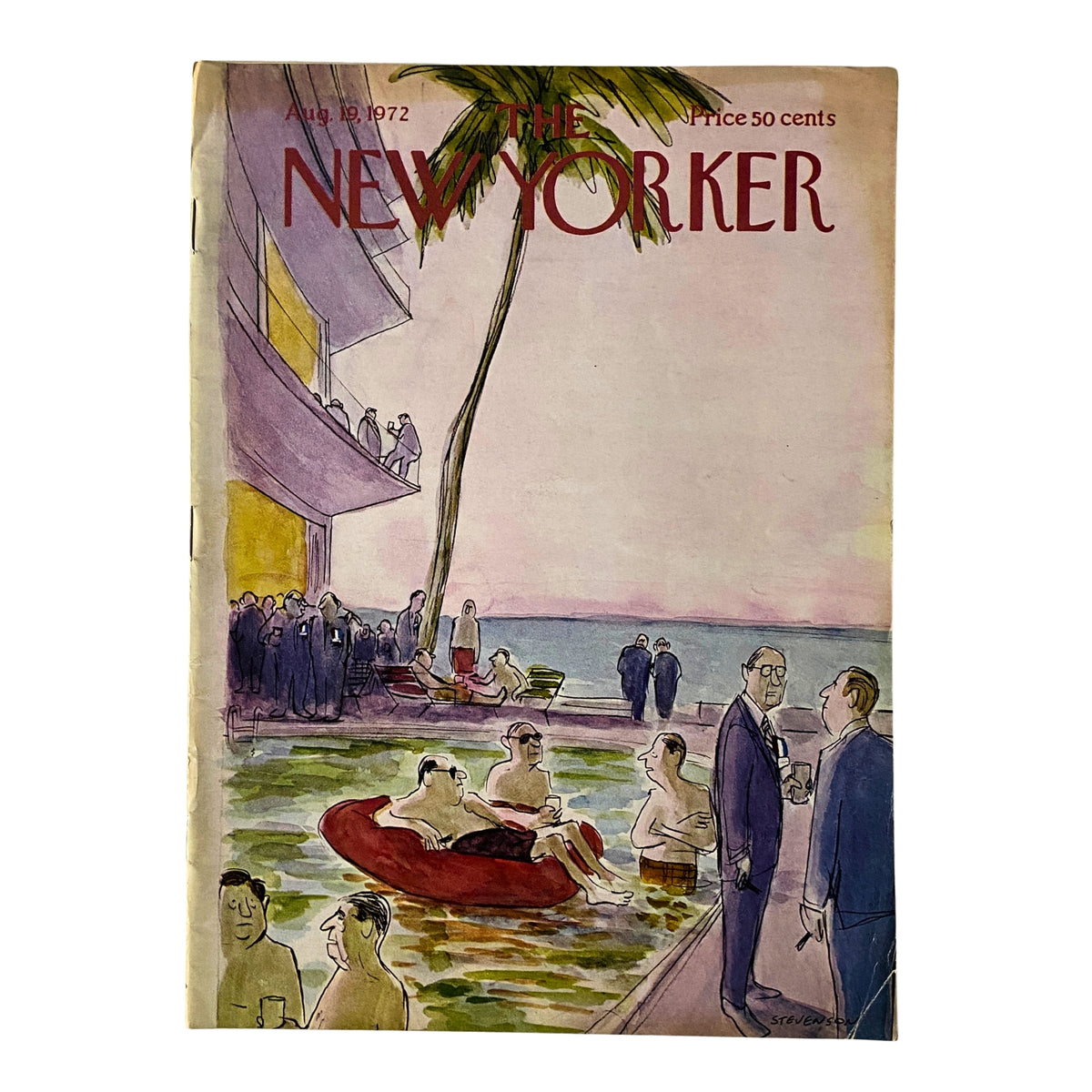 Cover of The New Yorker Full Magazine August 19, 1972 featuring a colorful illustration by James Stevenson, depicting a poolside scene with people lounging and socializing at a resort.