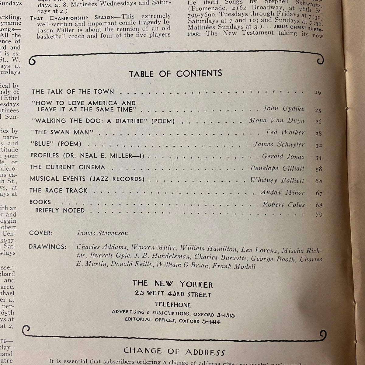 Table of Contents from The New Yorker Full Magazine August 19, 1972 featuring contributions by John Updike and Mona Van Duyn, and illustrations by James Stevenson.