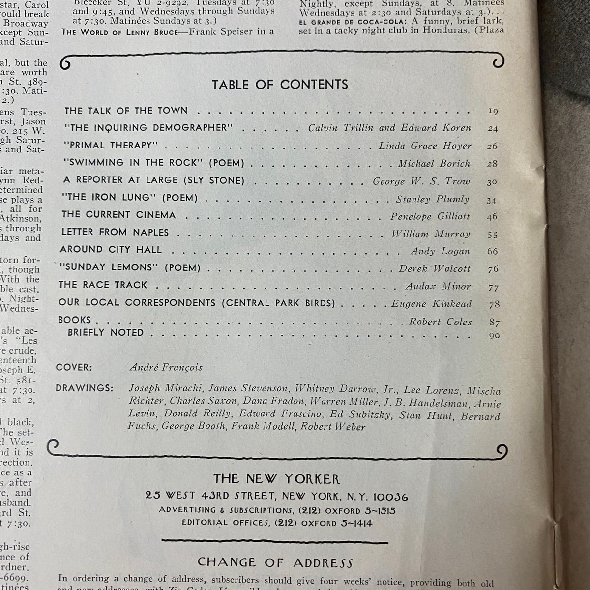 Table of contents page from The New Yorker Full Magazine August 26, 1974, detailing featured articles and contributors.