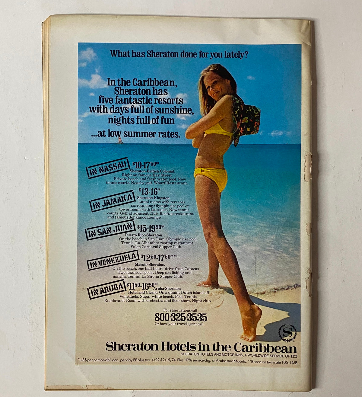Vintage advertisement from The New Yorker Full Magazine August 26, 1974, promoting Sheraton Hotels in the Caribbean with a beach scene.