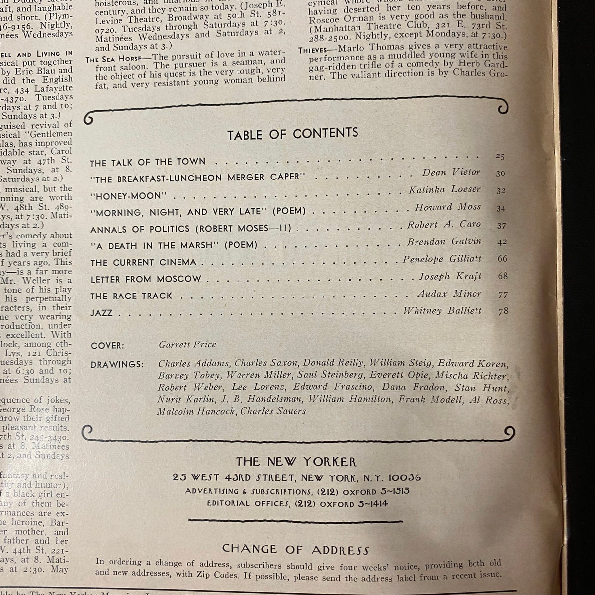 Table of contents page from The New Yorker magazine, July 29, 1974, listing articles and features including contributions by Robert A. Caro, Howard Moss, and Penelope Gilliatt.