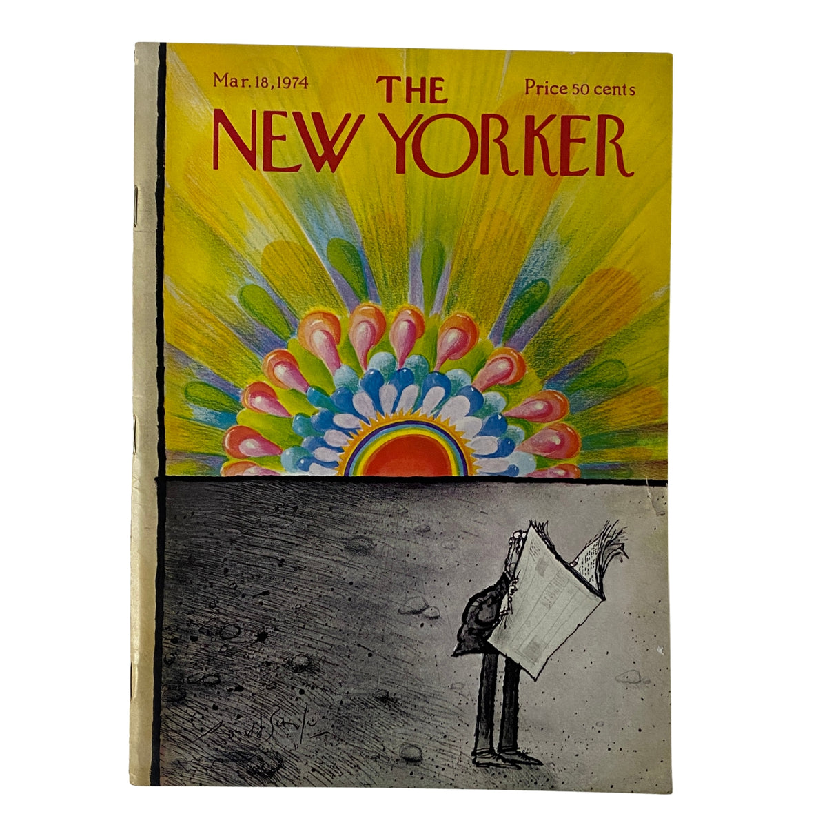 Cover of The New Yorker magazine from March 18, 1974 featuring a vibrant illustration by Ronald Searle, showcasing a colorful design and a character reading the magazine.