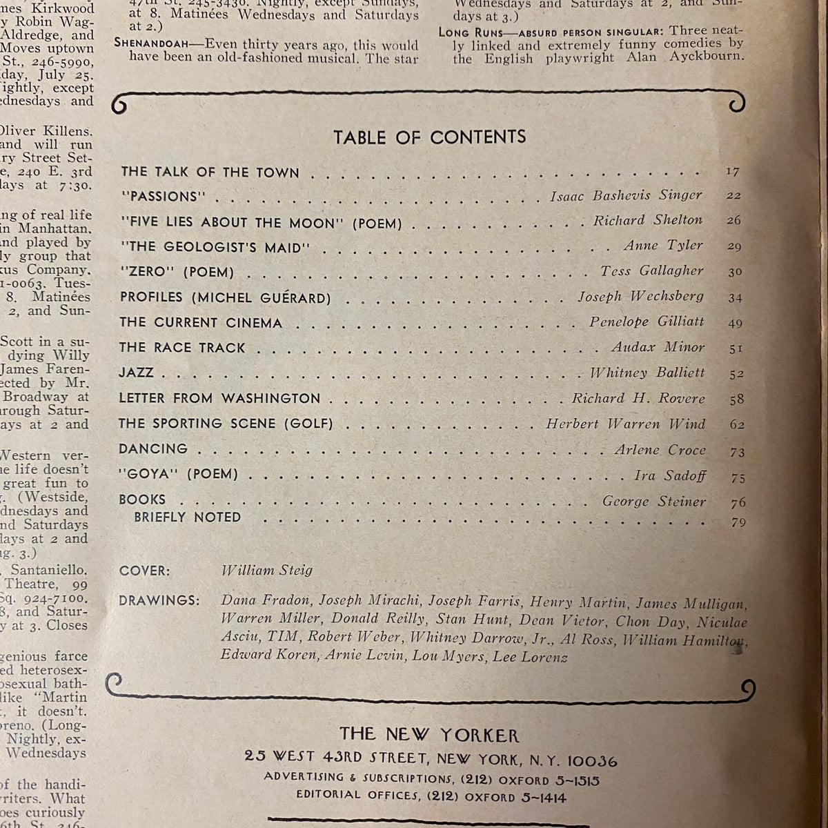 Table of contents from The New Yorker Full Magazine July 28, 1975, detailing featured articles and poetry selections including works by Isaac Bashevis Singer, Anne Tyler, and Tess Gallagher.
